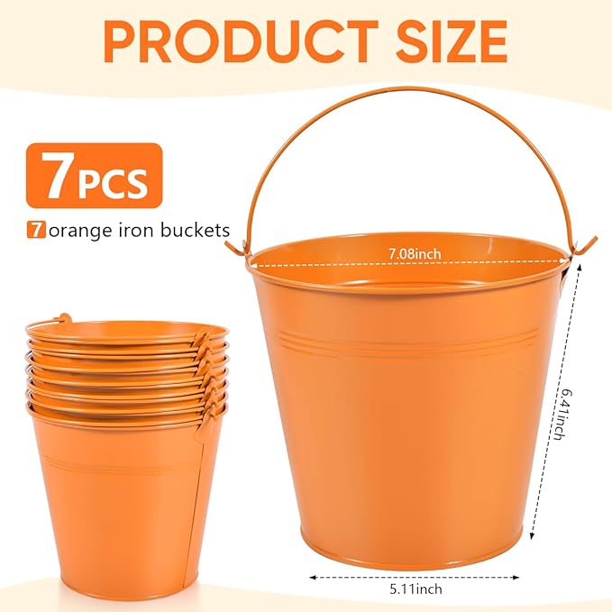 OBTANIM 7 Pack Orange Metal Buckets with Handle Galvanized Ice Pails for Plants, Succulents, Party Favors Organizing, Rustic Home Decor or Classrooms Pencil Storage (7.1 x 5.2 inch)