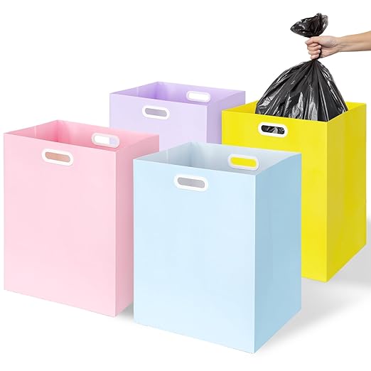 Whaline 12Pcs Pastel Disposable Trash Cans with Built-in Handles Purple Yellow Pink Blue Paper Garbage Can Waterproof Layer Recycling Bins for Home Kitchen Office