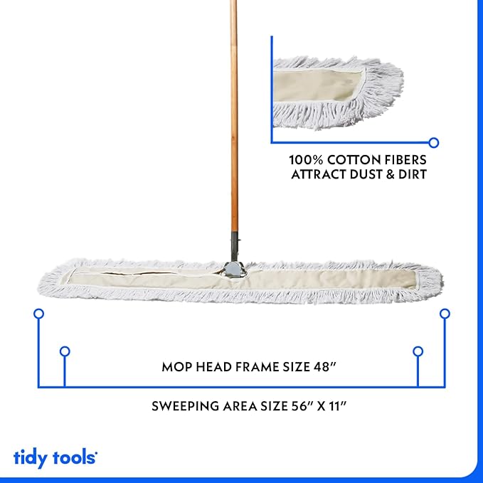 Commercial Dust Mop & Floor Sweeper, 48 in. Dust Mop for Hardwood Floors, Cotton Mop Head, Wooden Broom Handle, Industrial Dry Mop for Floor Cleaning & Janitorial Supplies
