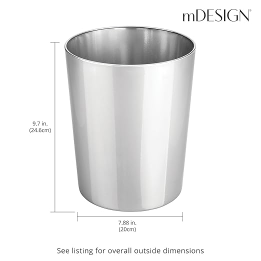 mDesign Round Metal Small 1.7 Gallon Recycle Trash Can Wastebasket, Garbage Container Bin for Bathrooms, Kitchen, Bedroom, Home Office - Durable Stainless Steel - Mirri Collection - Chrome
