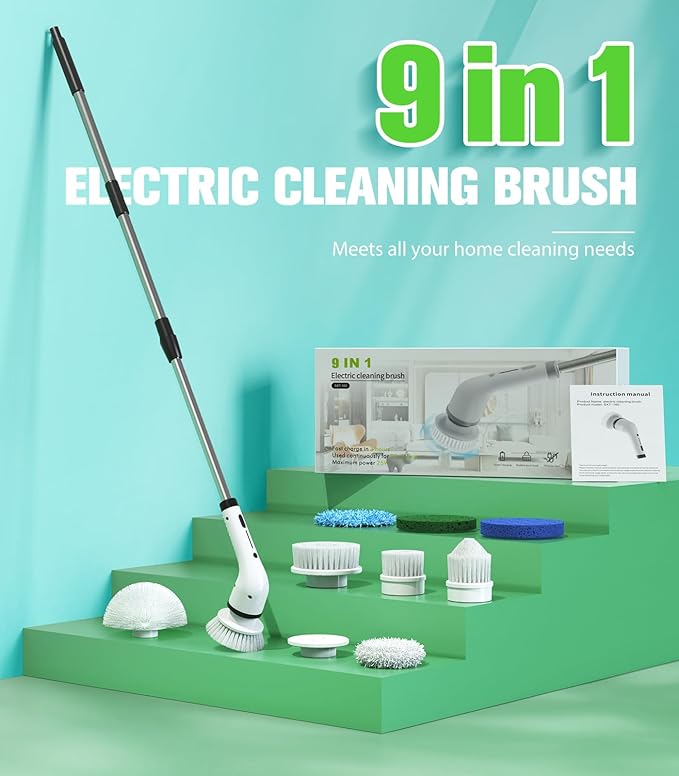 Electric Spin Scrubber for Cleaning, Cordless IPX5 Waterproof Bathroom Shower Scrubber Brushes with 9 Head, 1.5H Power Dual Speed Cleaner with Extendable Handles for Bathtub Floor Kitchen Wall