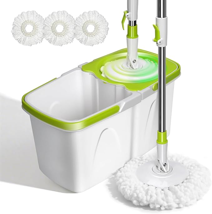 Spin Mop and Bucket,Masthome Mop and Bucket Set with Wringer.4L Detachable Bucket Small,Separate Clean and Dirty Water,Adjustable 50" Handle,3 Microfiber Pads for Wet/Dry Hardwood Tile Floor Cleaning