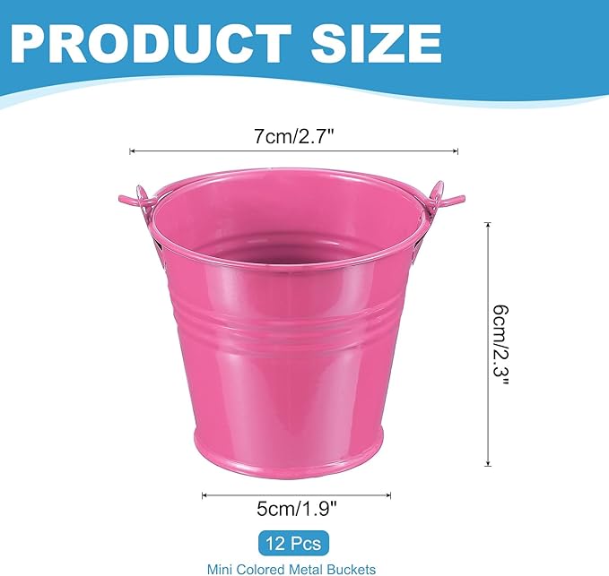 PATIKIL 2.7"x2.3" Small Metal Buckets with Handle, 12 Pcs Mini Galvanized Bucket Colorful Easter Buckets for Crafts Party Favors Decoration, Rose Red