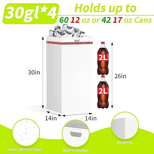 30 Gallon Disposable Trash Cans for Parties, 4 Pack Extra Large Portable Trash Can White Pop Up Trash Cans Bin, Recycle Collapsible Garbage Can Bins for Party Kitchen Camping Trash Can