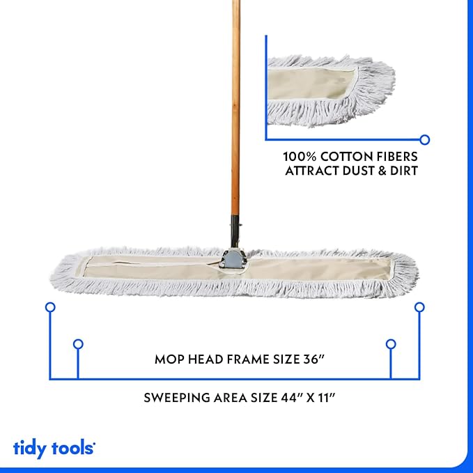 Commercial Dust Mop & Floor Sweeper, 36 in. Dust Mop for Hardwood Floors, Cotton Mop Head, Wooden Broom Handle, Industrial Dry Mop for Floor Cleaning & Janitorial Supplies