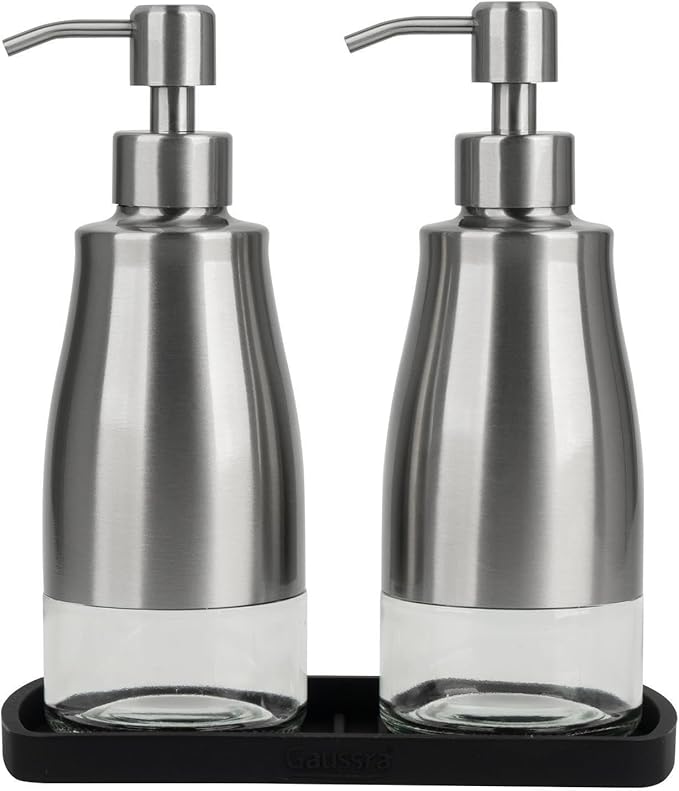 Gaussra Kitchen Soap Dispenser Set with Silicone Tray and Stickers - Brushed Nickel, Stainless Steel Glass Soap Dispenser Bathroom, Refillable Hand Dish Soap Dispenser for Kitchen Sink