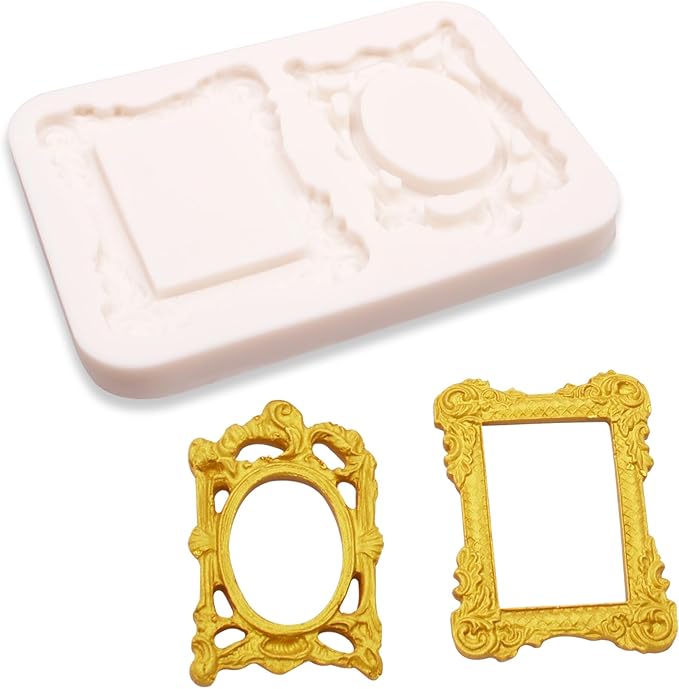 Frame Molds Fondant Silicone, 4 Packs Photo Frame Baroque Vintage Jewel Silicone Chocolate Molds, for Cake Mirror Frames Decoration, Cupcake Toppers, Resin Clay Sugar Gum Paste Polymer