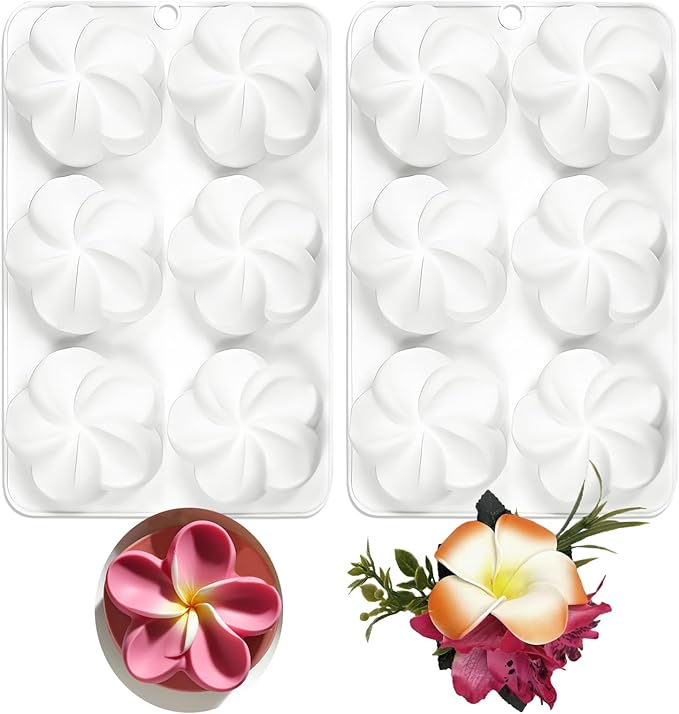 Frangipani Flowers Silicone Mold Chocolate, Plumeria Mousse Molds for Baking 2 Packs 12-Cavity 8.6" x 5.5" x 0.94" for Frangipani Cheesecakes Candy Desserts