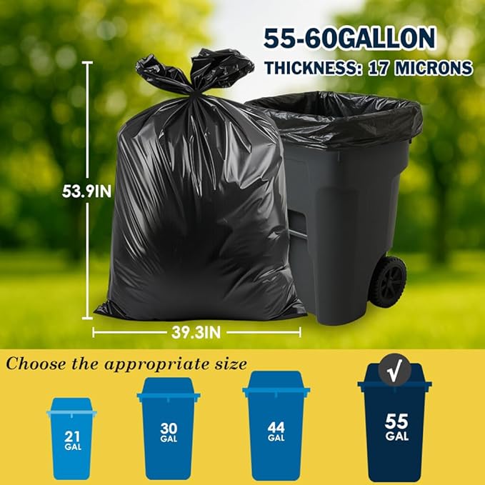 55-60 Gallon Black Trash Bags 200 Bags by RayPard Extra Large Multi-Use Heavy Duty Commercial Garbage Bags, Lawn And Leaf Bags, Outdoor Yard Waste Bag, Contractor Workshops Trash Bin Liner