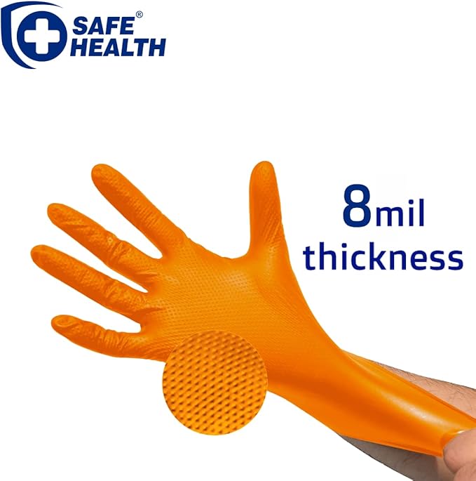 Safe Health Nitrile Industrial Disposable Gloves, Black 6 Mil, Orange 8 Mil, Diamond Textured