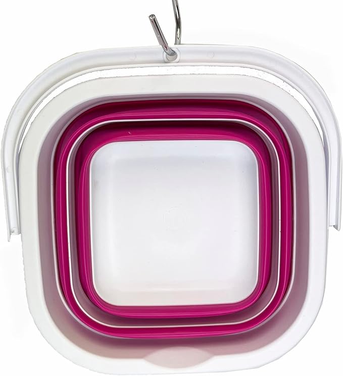 SAMMART Collapsible Rectangular Cleaning Bucket 5L (1.3 Gallon)- Foldable Camping Beach Sand Water Pot Pail- Portable Space Saving Tub for Household, Outdoor Car Washing (White/Flamingo)