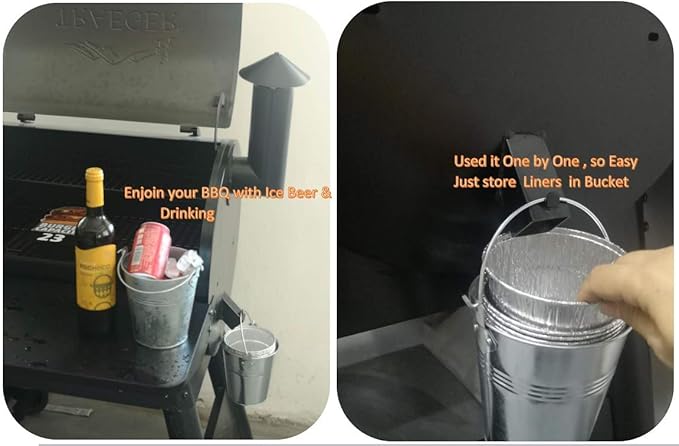 Drip Grease Bucket Can & 12-Pack Liners for Traeger 20/22/34, Pit Boss, etc Pellet Smoker Grill (Silver 12)