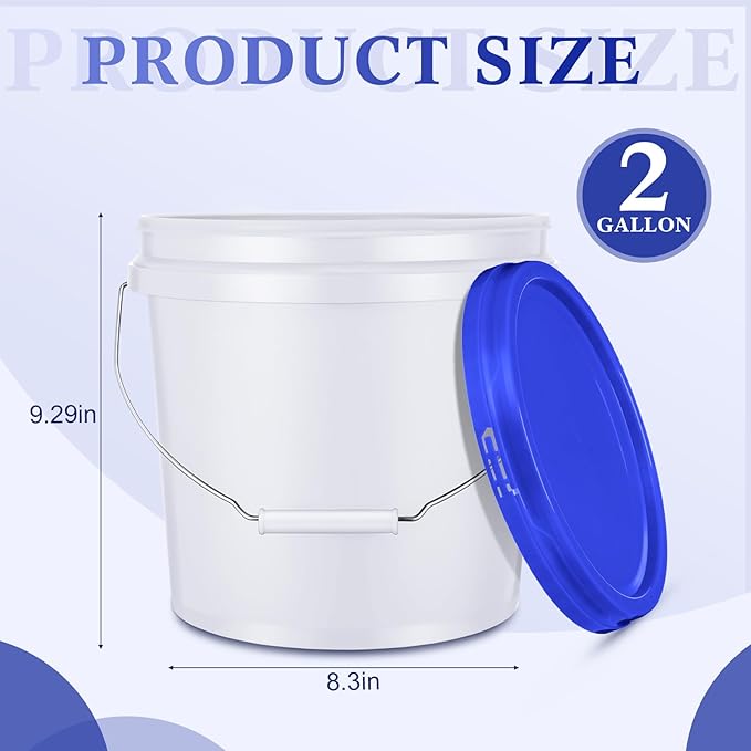 6 Pack 2 Gallon Plastic Bucket with Lid Heavy Duty Pail with Metal Handle Reusable Small Multipurpose Paint Buckets Container for Food Storage(White)