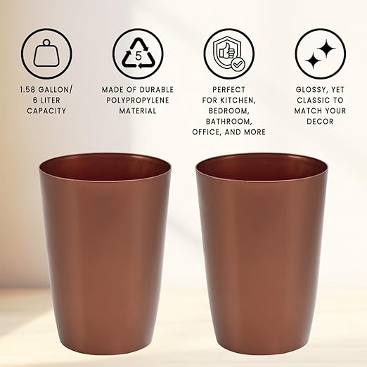 Mini Waste Basket - Pack of 2 Durable Small Plastic Garbage Trash Can Bin - Lidless Open-Top Rectangular Slim Profile for Compact Spaces - Suitable for Home, Bathroom, Office, Bedroom & More, Copper