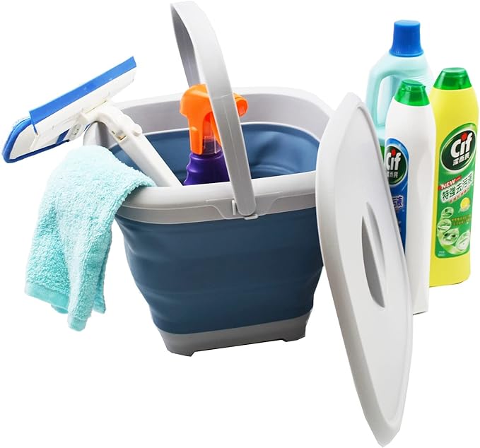 SAMMART 8.5L (2.2 Gallon) Collapsible Square Bucket with Handle and Lid. Size 31x31cm (Grey/Steel Blue, 1)