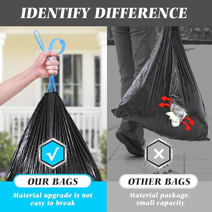 Teivio 20 Gallon 60 Counts (fit 18-20 Gal) Large Drawstring Trash Bags Strong Tall Kitchen Compactor Bags Garbage Bags for Home/Office/Light Residential Waste/Outdoor Trash Can, Lawn，Black Trash Bags