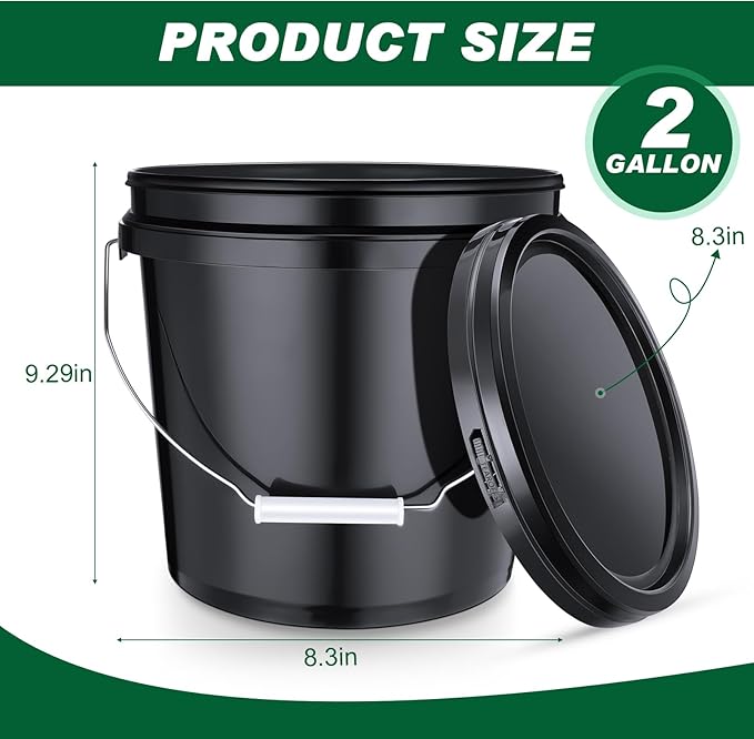 6 Pack 2 Gallon Plastic Bucket with Lid Heavy Duty Pail with Metal Handle Reusable Small Multipurpose Paint Buckets Container for Food Storage(Black)