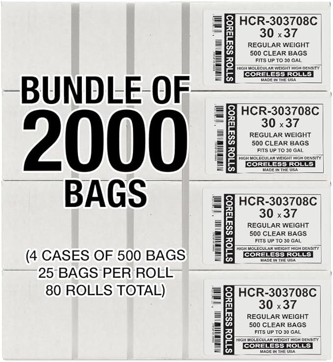 Aluf Plastics High Density Trash Bags, 30 Gallon, 2000 Count, 8 Micron (eq), 30" x 37", Clear, for Bathroom, Office, Industrial, Commercial, Janitorial, Municipal, Recycling