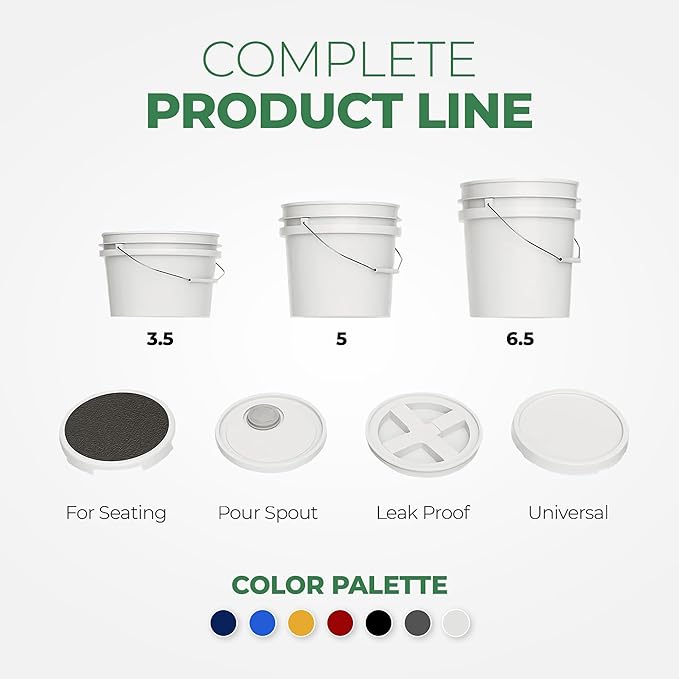 5-Gallon White Bucket Pail Container with Lid | Food Grade | Heavy-Duty Extra Durable | Metal Handles with Plastic Grip for Easy Carrying | Multi-Use | Easy Stack and Store | BPA Free -2 Pack