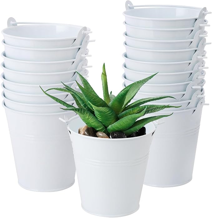 18 Pack 4" White Mini Metal Bucket, Elegant Galvanized Buckets with Handles, Tin Buckets, Small Iron Bucket, Mini Metal Pail for Party Favors, Crafts, Garden & Beach