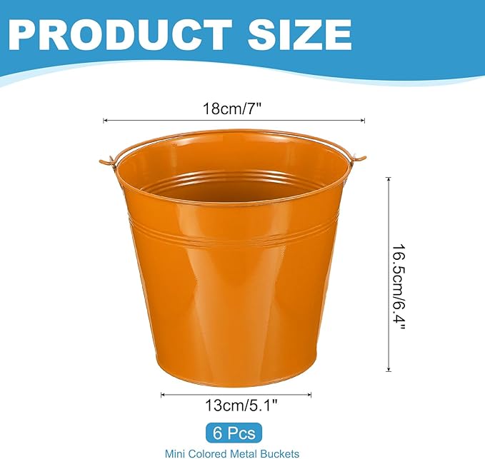 PATIKIL 7"x6.4" Small Metal Buckets with Handle, 6 Pcs Mini Galvanized Bucket Colorful Easter Buckets for Crafts Party Favors Decoration, Orange
