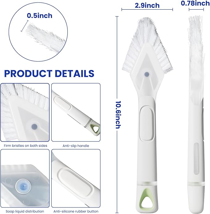 RIMAY Hard Bristle Crevice Cleaning Brush with Soap Dispenser 2 Pcs, Multifunctional Gap Scrub Brush, Small Cleaning Brushes for Tight Spaces, Corner, Windows, Kitchen, Bathroom, Sink, Grout, Car