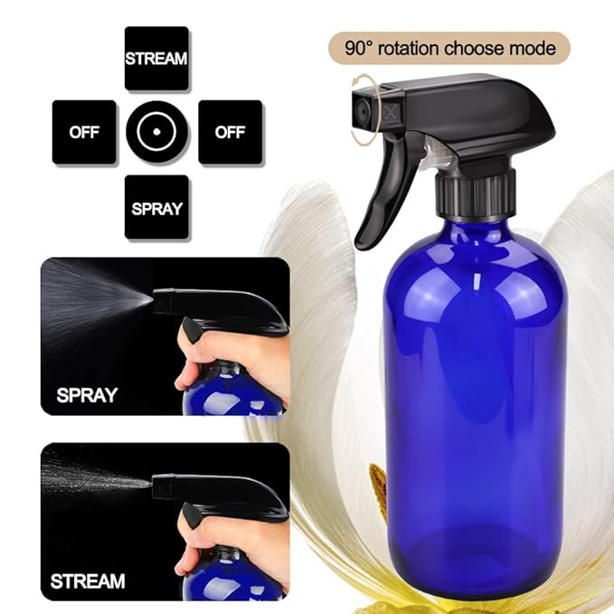 Glass Spray Bottle Kit×10 (2×16 oz, 2×4 oz, 6×2 oz), 9×10 ml Roller Bottles, Anti UV, Multi Size and Versatile, Suitable for Aromatherapy, Facial Moisturizing, Watering, etc.(Blue