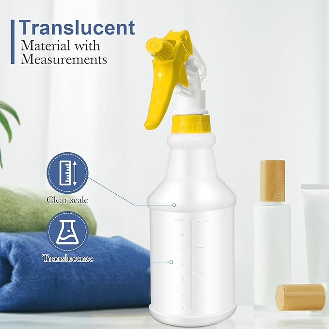 Eccliy 20 Pack 16oz Empty Spray Bottles, Leakproof Cleaning Bottles with Measurement and Adjustable Nozzle for Housekeeping, Commercial Use(Cylinder,Yellow Spray Head)