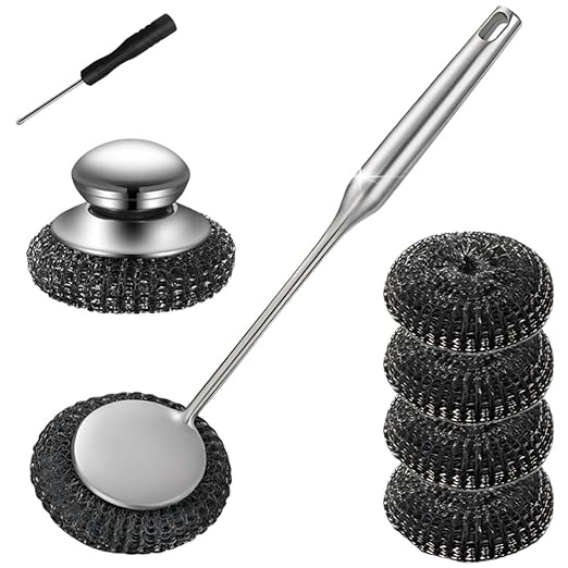 Steel Wool Scrubber with Handle: 7Pcs Stainless Steel Scrubber Brush Set – 1 Long Brushes,1 Short Brushes,4 Replaceable Pads,1 Screwdriver for Home Cooks,BBQ Enthusiasts,Anti-Scratch,for Kitchen