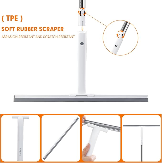 Rubber Floor Squeegee for Smooth Surface Concrete Floor, Tile Floor, Heavy Duty Garage Shower Floor Squeegee Broom for Removing Water, Commercial Scrubber Mop with Adjustable Long Handle