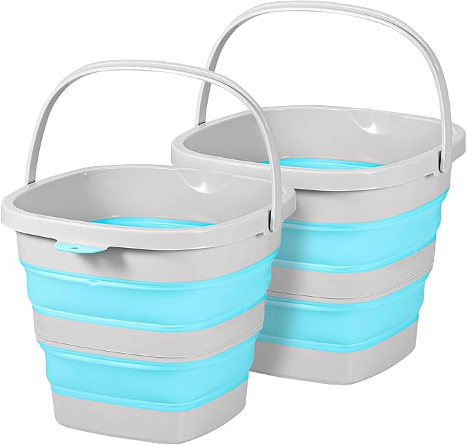 2 Pack 2.6 Gallon(10L) Collapsible Plastic Buckets with Handle Compact Cleaning Square Storage Bucket Portable Water Tub Outdoor Water Pail for Garden Hiking Fishing Camping (Blue)