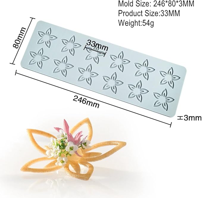 TUKE Tuille Mold Flower Chocolate Silicone Mold 3D Hollow Fondant Mold Cake Topper Hollow Silicone Mold Candy Mold Lace Mat for Cake Decorating Chocolate Fondant Tuille (Flower J_9.84x3.2x0.12inch)