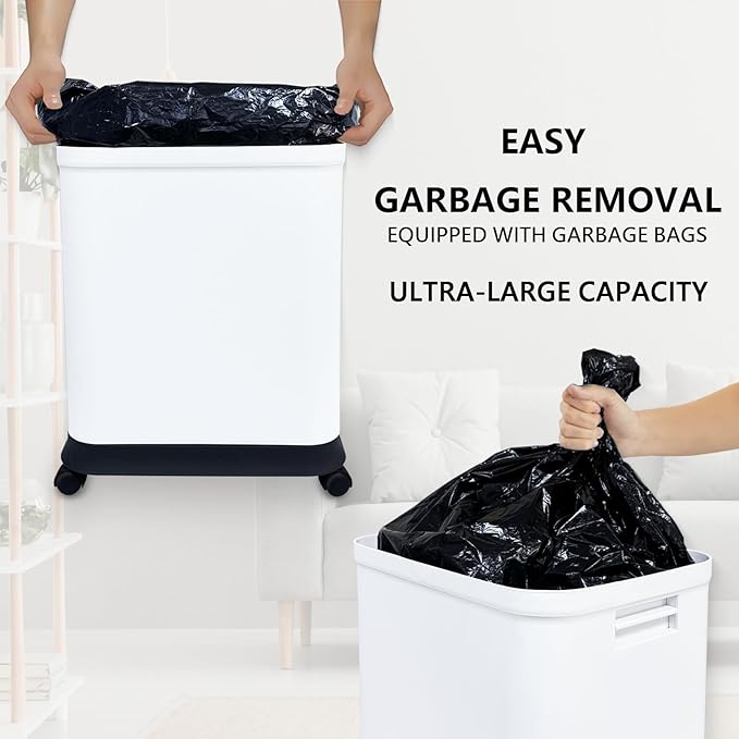 Gintan 13 Gallon Trash Can with Lid, 25-45 L Altitude Variable Bin, Garbage Can with Wheels for Kitchen, Bathroom, Bedroom, Office, Two Space-Saving Small Waste Bin and Garbage Bag