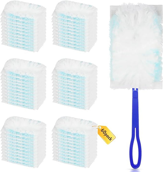 60 Count Disposable Dusters Refill for Cleaning, 180 Degree Heavy Duty Duster Replacement Head for Swiffer, Dusting Furniture, Blinds, Ceiling Fans, Helps Remove Allergens
