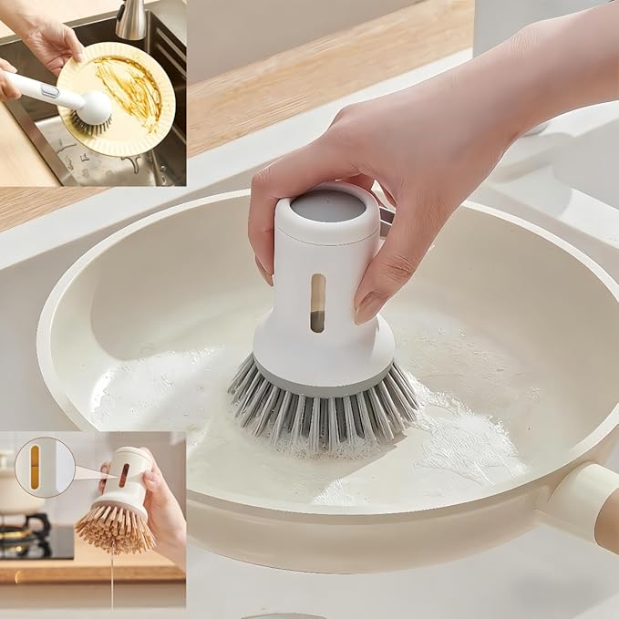 Adjustable Dish Brush with Soap Dispenser, Non-Scratch PET Bristles, Ergonomic Handle, Kitchen Cleaning Tool for Pots, Pans & Sink (Grey, Short Style-1 Piece)