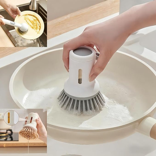 Adjustable Dish Brush with Soap Dispenser, Non-Scratch PET Bristles, Ergonomic Handle, Kitchen Cleaning Tool for Pots, Pans & Sink (Grey, Short Style-1 Piece)