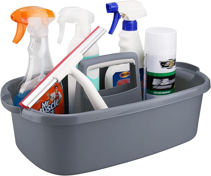 Cleaning Supplies Caddy, Household Tools Organizer with Handle, Large Plastic Bucket, Portable Shower Basket Tote, Gray