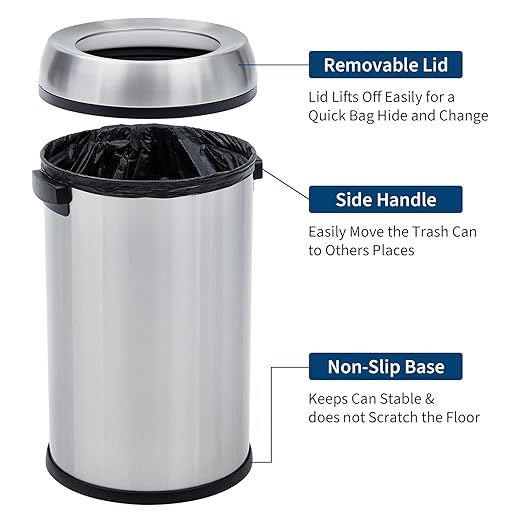 Garvee 17 Gallon/65 Liter Trash Can, Fingerprint-Proof Stainless Steel Open Top Garbage Can, Heavy Duty Commercial Round Trash Bin for Restaurant, Home, Office, Silver