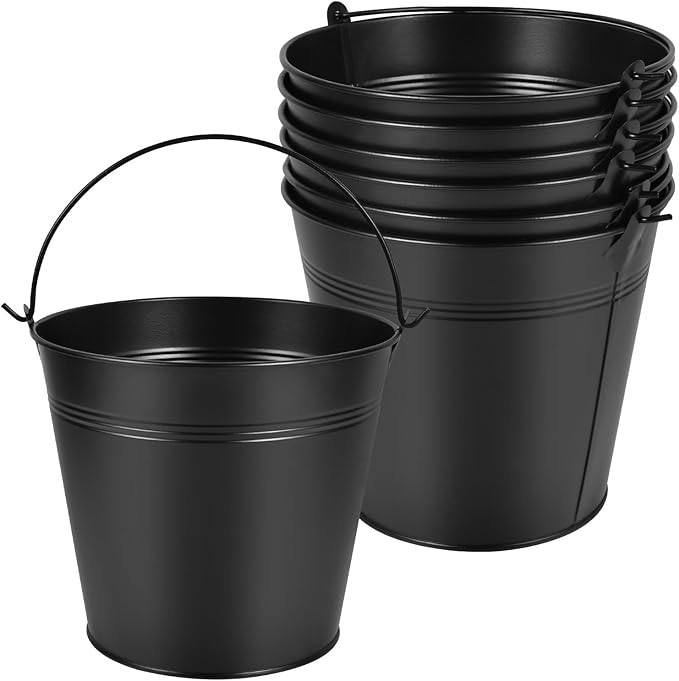 OBTANIM 7 Pack Black Metal Buckets with Handle Galvanized Ice Pails for Plants, Succulents, Party Favors Organizing, Rustic Home Decor or Classrooms Pencil Storage (7.1 x 5.2 inch)