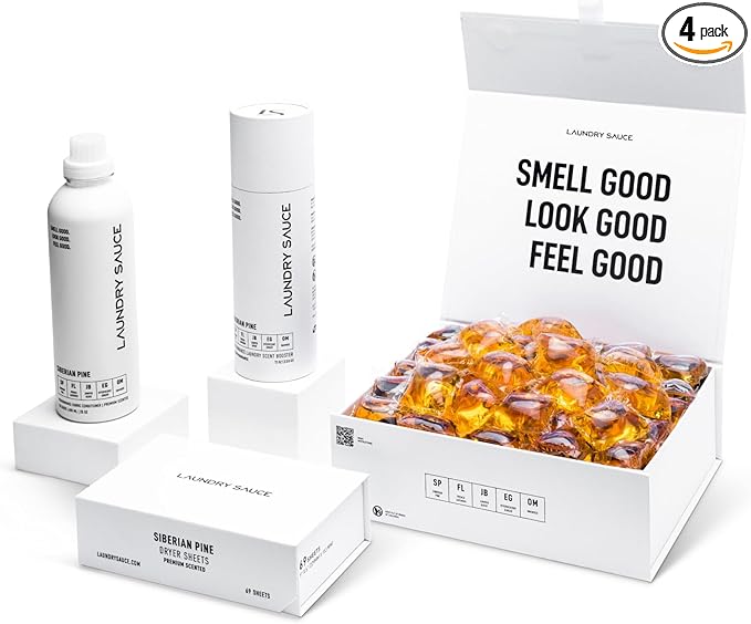 Laundry Sauce - Signature Bundle Siberain Pine, Scented Laundry Detergent Pods & Scent Booster, Fabric Softener, Dryer Sheets, Fabric Protection, Essential Oils, Long Lasting Luxury Fragrance