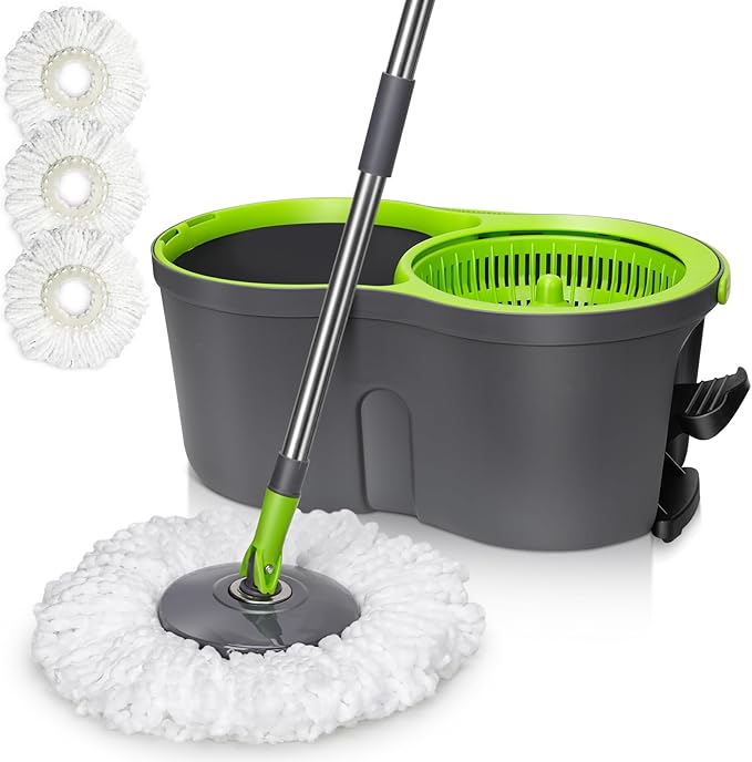 Spin Mop Bucket System,Masthome Pedal Spin Mop and Bucket with Wringer Set,EasyWring Microfiber Mop with 3 Mop Pads,360°Spinning Floor Cleaning System - Home & Office Suitable