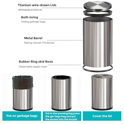 9L/2.4gallon Gold Bathroom Trash Can with Lid, Small Sliver Garbage Can, Single Layer Brushed Stainless Steel Swing Lid Trash Can for Bathroom, Toilet, Bedroom, Office, Living Room (Sliver)