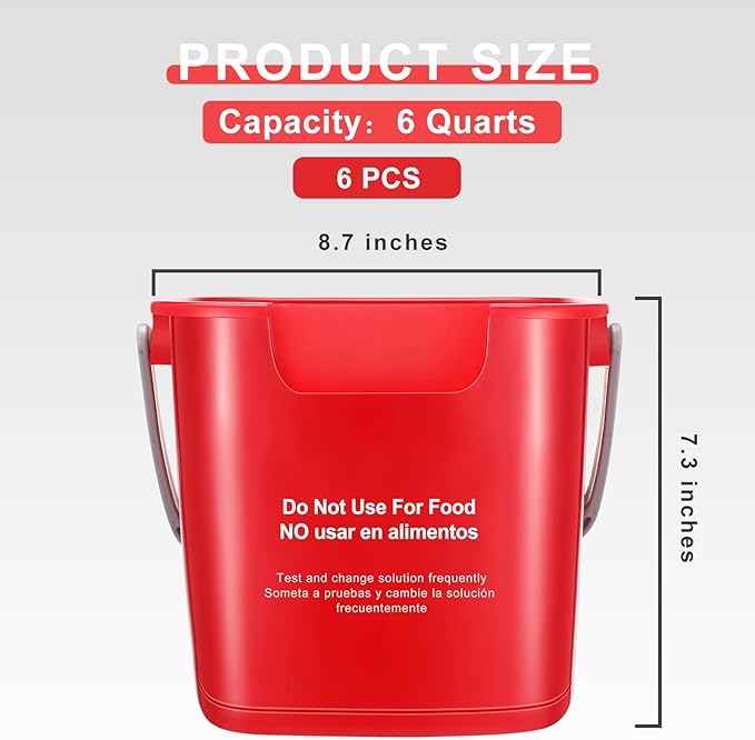 6 Pcs 6 Quart Cleaning Bucket Small Sanitizing Square Bucket Detergent Pail for Home Commercial Restaurant Kitchen Office School(Red)