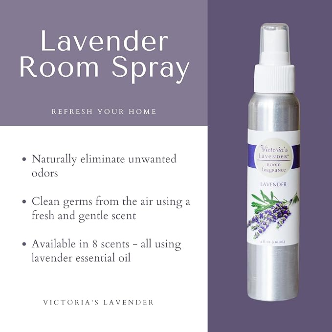 Victoria's Lavender Room Spray, All Natural Home Atmosphere Essential Oil Concentrated Room Fragrance, Air Freshener, Bathroom Odor Eliminator, Made in the USA, Lavender - 1 Pack (4 Fl Oz)