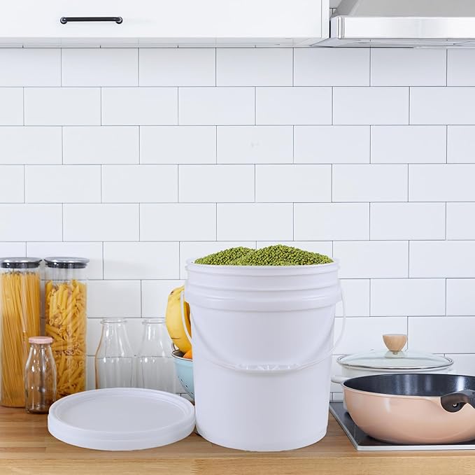 6.6 Gallon White Plastic Bucket with Lid, Round Food Grade Bucket Pail, 4-Pack