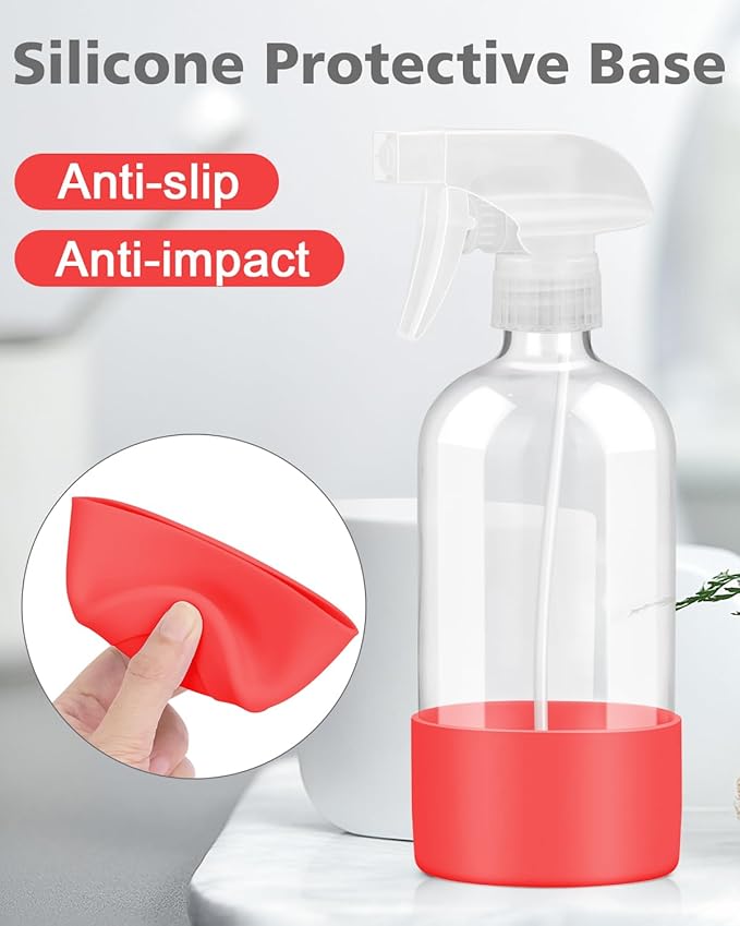 Glass Spray Bottles with Silicone Sleeve Protection, Empty 16OZ Reusable Spray Bottles, Refillable Containers with Spray Nozzles for Cleaning Solutions, Plants and Essential Oils 1 Pack Red