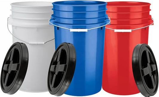 House Naturals 7 Gallon Food Grade Plastic Bucket with Airtight Screw on lid (Pack of 3 containers) Made in USA