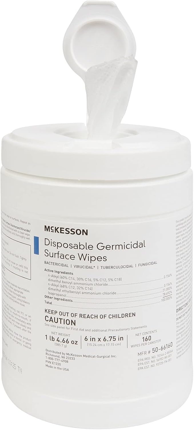 McKesson Germicidal Wipes [1920 Count] Disinfecting Wipes, Alcohol Cleaning Disinfectant Wipes, Hospital Grade Multi-Surface Wipes, 160 Wipes, 12 Pack