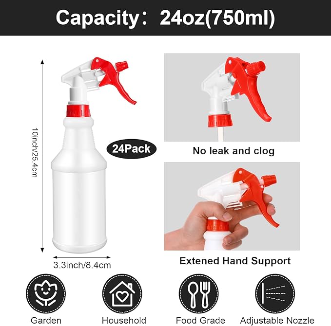 Gerrii 24 Pcs 24oz Plastic Spray Bottle Bulk, Empty Refillable Squirt Bottles for Cleaning Solution, Leak Proof Water Spray Bottle with Adjustable Nozzle and Sticker Commercial Supplies (Red & Black)