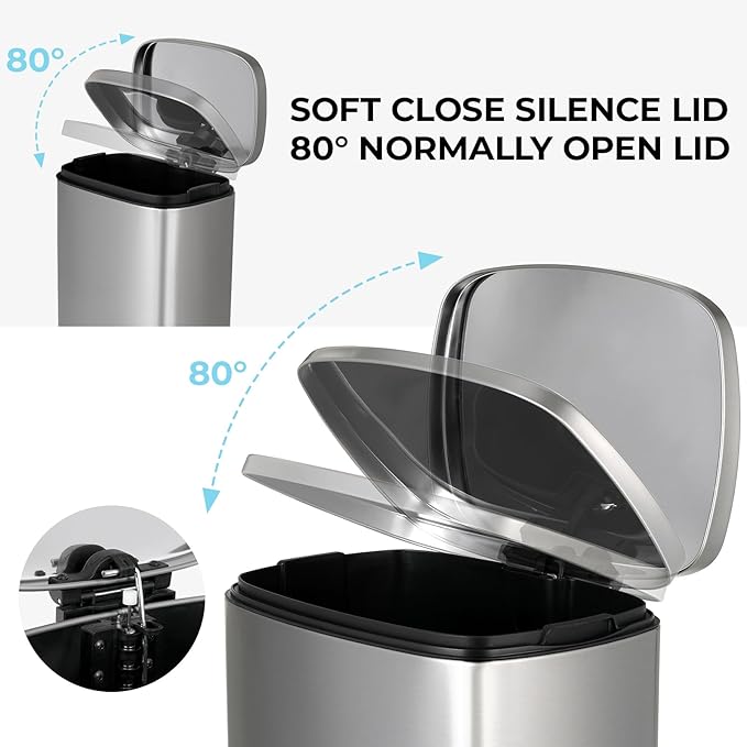 8 Gal Kitchen Trash Can, 30L Recycling or Garbage Bin, Brushed Stainless Steel Waste Basket, Soft&Quiet Close Dustbin, with Step-On Pedal, Removable Inner Bucket, for Home, Office, LIving Room
